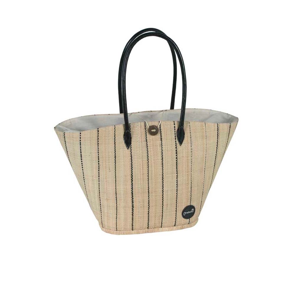 CAPAZO RAFIA NATURAL LINEAS AZULES Y ASA PIEL ECOLÓGICA MALUCA